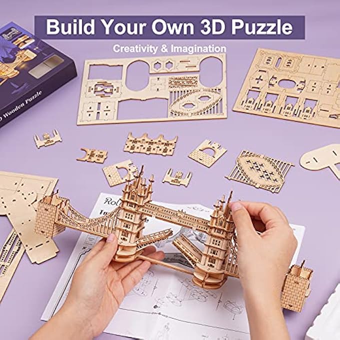 3D WOODEN PUZZLES FOR ADULTS TOWER BRIDGE WITH LIGHTS ARCHITECTURE MODEL AND BUILDING KIT(TG412) - Image 3